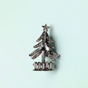 Sparkly Tinsely Silver Christmas Tree Brooch w Diamond and Emerald Cut Crystals